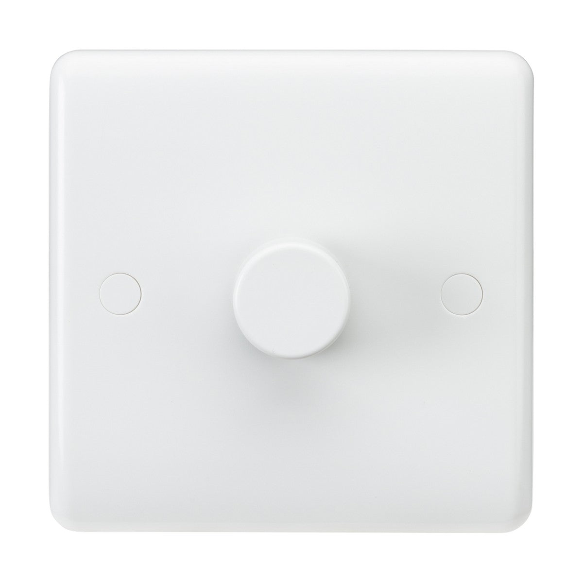 The 1 Gang 2-Way Leading Edge Dimmer (40-400W, 3-100W LED) with a rounded edge is displayed against a plain white background. It features a central round knob that allows for precise adjustment of incandescent lamp intensity. This dimmer's minimalist design fits seamlessly into any decor, while its anti-microbial properties provide added reassurance.