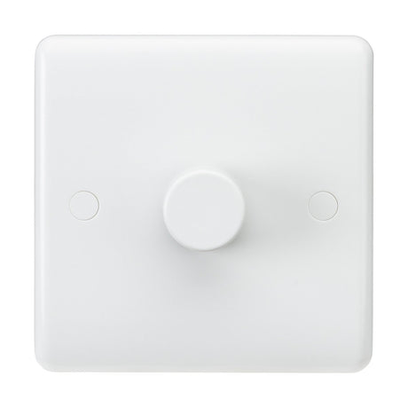 The 1 Gang 2-Way Leading Edge Dimmer (40-400W, 3-100W LED) with a rounded edge is displayed against a plain white background. It features a central round knob that allows for precise adjustment of incandescent lamp intensity. This dimmer's minimalist design fits seamlessly into any decor, while its anti-microbial properties provide added reassurance.