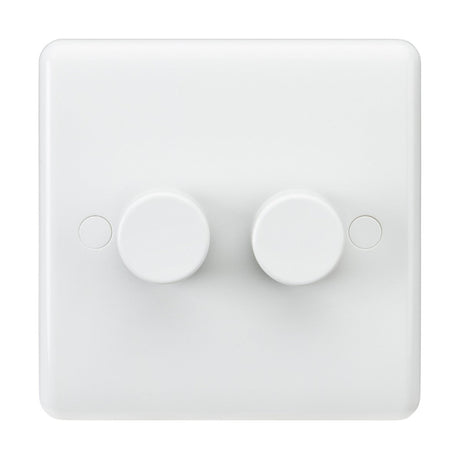 The 2 Gang 2-Way 40-400W (3-100W LED) Leading Edge Dimmer with a white square faceplate features two round rotary knobs and boasts an elegant dimensional plate design. It enhances lighting control and includes anti-microbial properties for added peace of mind.