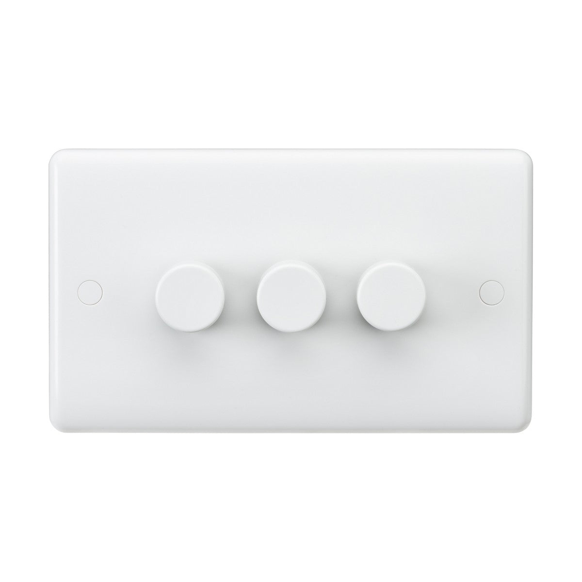 A white wall-mounted light switch featuring three round dials, ideal for incandescent lamps, and designed as a 3 Gang 2-Way Leading Edge Dimmer with support for 40-400W (3-100W LED).