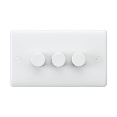 A white wall-mounted light switch featuring three round dials, ideal for incandescent lamps, and designed as a 3 Gang 2-Way Leading Edge Dimmer with support for 40-400W (3-100W LED).