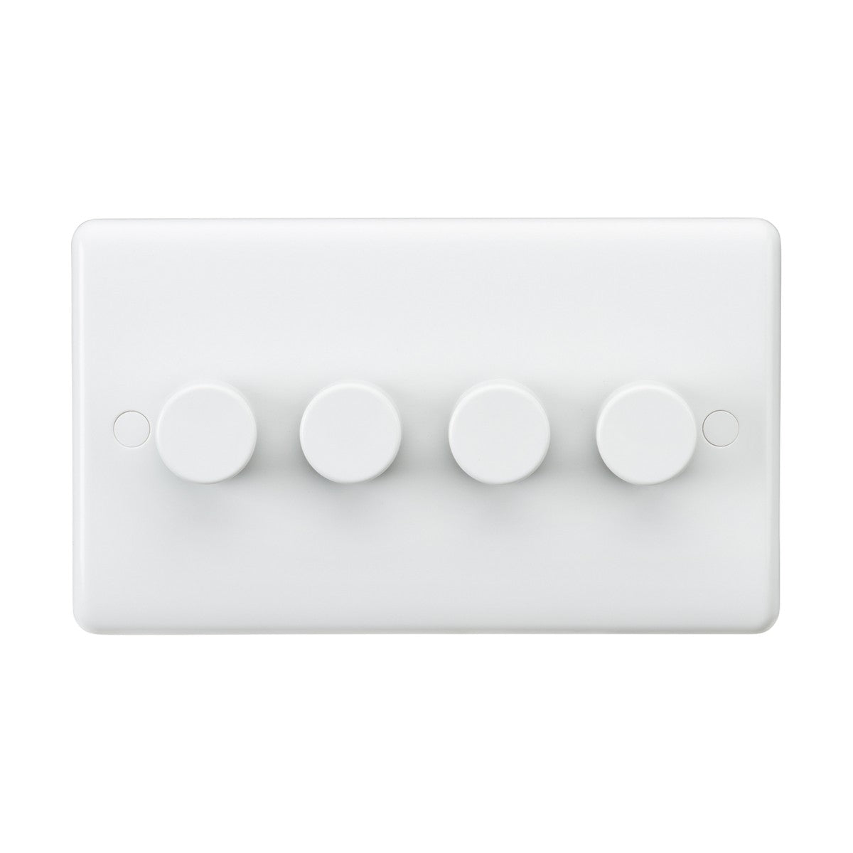 A 4 Gang 2-Way 40-400W Leading Edge Dimmer, featuring four rounded dimmer knobs, is crafted with thermoset resin. This cutting-edge design highlights simplicity and minimalism while providing enhanced durability and anti-microbial properties.