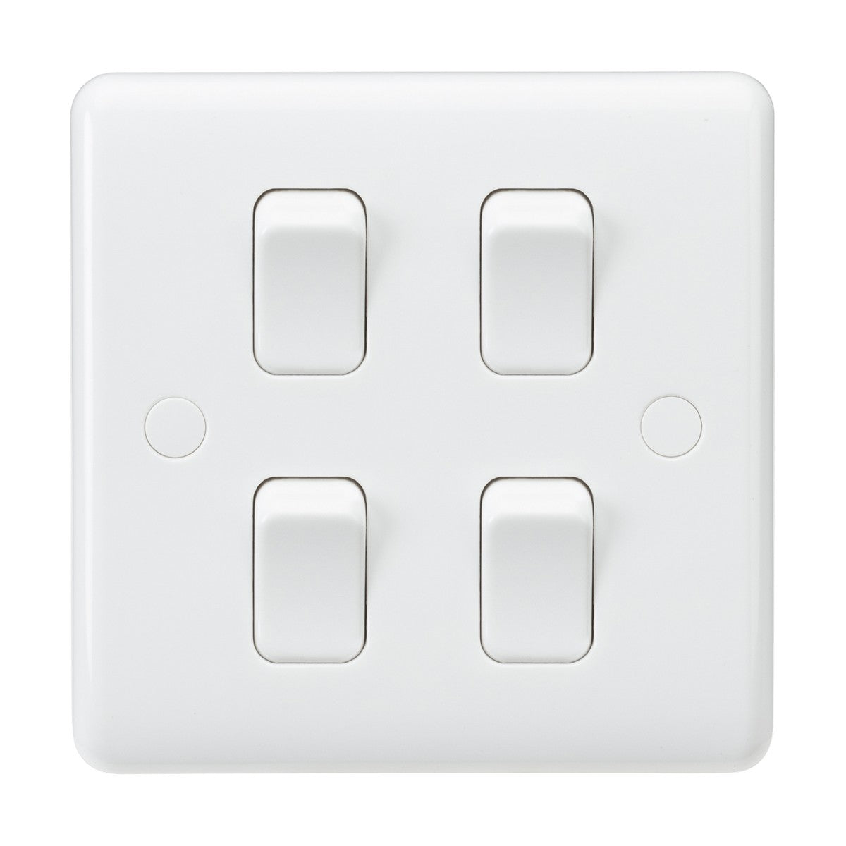 The 10AX 4 Gang 2-Way Switch (On Single Plate) is a white switch panel crafted from thermoset resin with anti-microbial properties, featuring each switch in the off position on a sleek white square base.