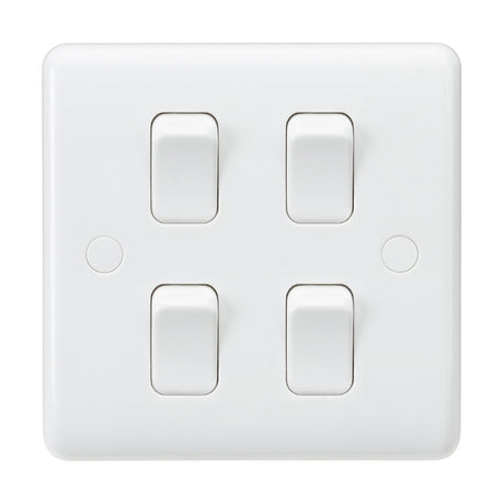 The 10AX 4 Gang 2-Way Switch (On Single Plate) is a white switch panel crafted from thermoset resin with anti-microbial properties, featuring each switch in the off position on a sleek white square base.