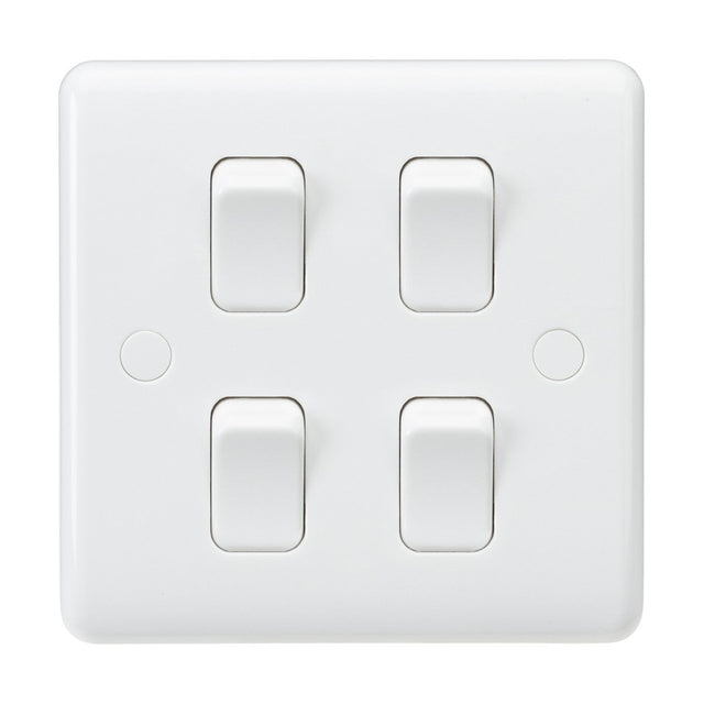 The 10AX 4 Gang 2-Way Switch (On Single Plate) is a white switch panel crafted from thermoset resin with anti-microbial properties, featuring each switch in the off position on a sleek white square base.