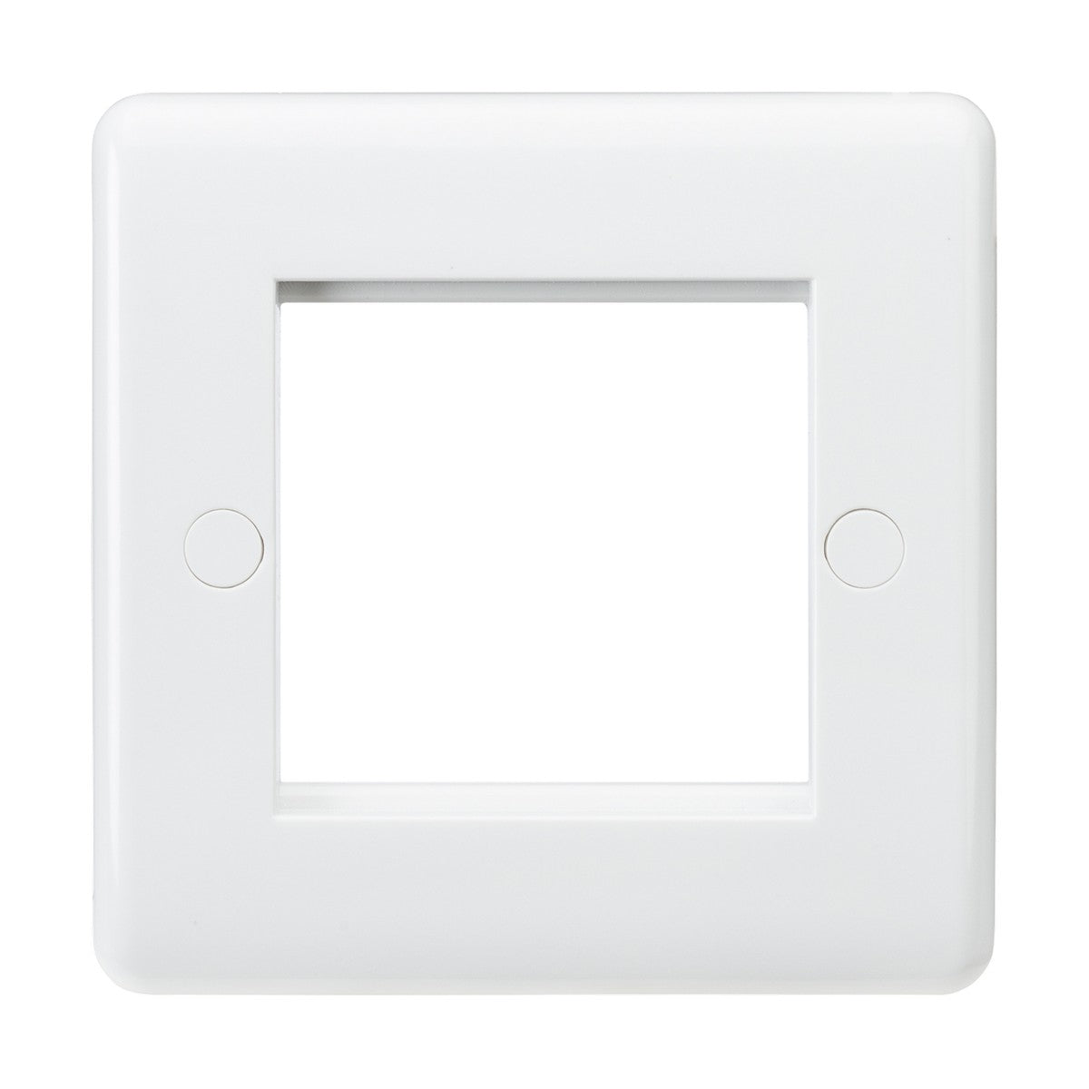 The 2 Gang Modular Faceplate - White (Rounded Edge) is a square, plastic faceplate featuring anti-microbial properties, designed for electrical switches or euro-modules, with a central square cutout and two circular screw covers.