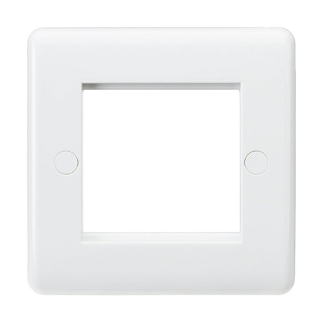 The 2 Gang Modular Faceplate - White (Rounded Edge) is a square, plastic faceplate featuring anti-microbial properties, designed for electrical switches or euro-modules, with a central square cutout and two circular screw covers.