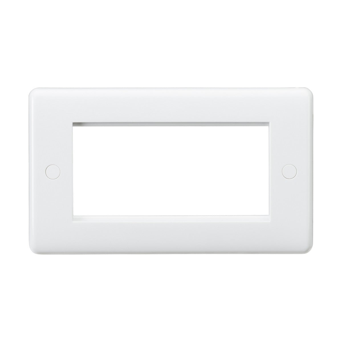 A 4 gang modular faceplate in white, featuring antimicrobial properties and two screw holes, designed to accommodate switches or outlets, displayed on a white background.