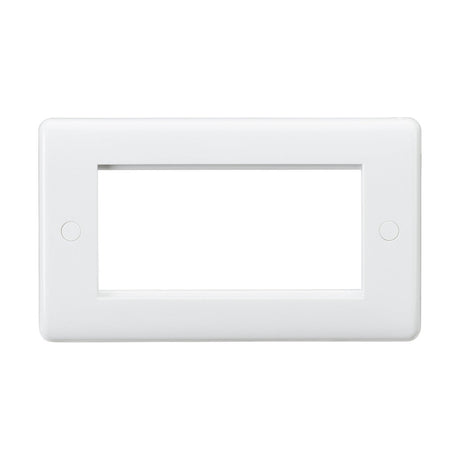 A 4 gang modular faceplate in white, featuring antimicrobial properties and two screw holes, designed to accommodate switches or outlets, displayed on a white background.