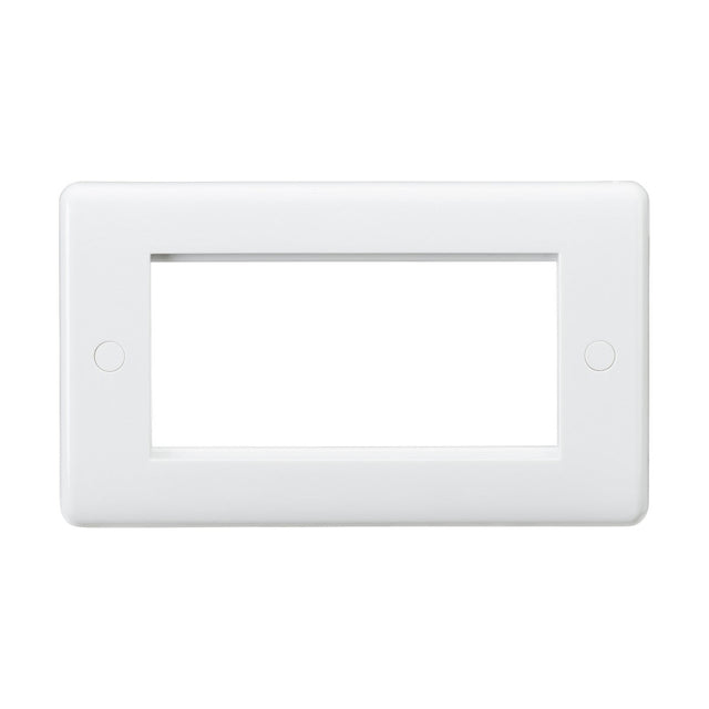 A 4 gang modular faceplate in white, featuring antimicrobial properties and two screw holes, designed to accommodate switches or outlets, displayed on a white background.