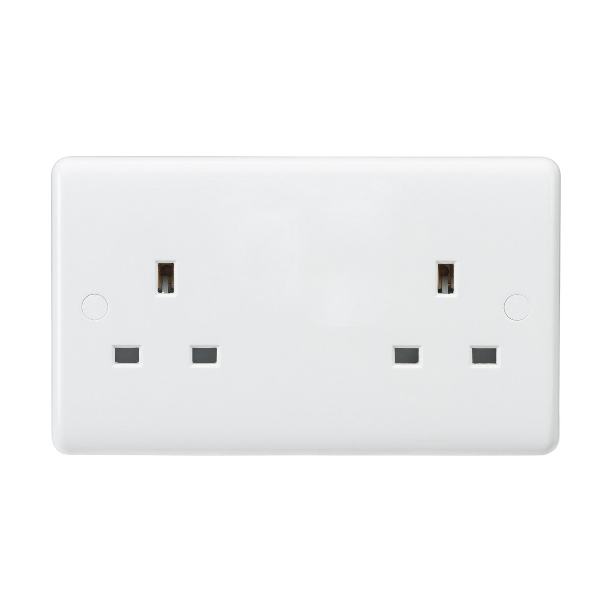 This is an image of the 13A 2 Gang Unswitched Socket (Rounded Edge), a white double electrical wall socket featuring two outlets made from thermoset resin. The socket includes three rectangular pin holes for each outlet, which are typical in the UK, and has an IP20 rating. Its minimalistic design features no visible switches or branding.