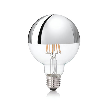 The 9W Non-Dimmable LED Globe Filament Bulb in chrome, boasting an E27 base and a 3000K color temperature, elegantly showcases its internal filaments through clear glass with a silver-topped finish, set against a pristine white background.
