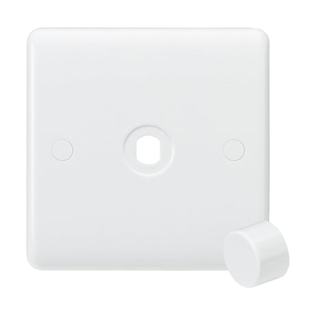 A white 1 Gang Dimmer Plate With Matching Dimmer Cap (Rounded Edge) showcases a circular knob at the bottom right corner. Crafted from thermoset resin, its central hole and minimalistic design make it perfect for wall mounting, while its anti-microbial properties enhance safety.