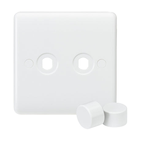 The 2 Gang Dimmer Plate with 2 Matching Dimmer Caps (Rounded Edge) is crafted from thermoset resin, and includes two circular caps for covering unused electrical outlets. Two extra caps are placed in front, ensuring durability and a sleek finish for any room.