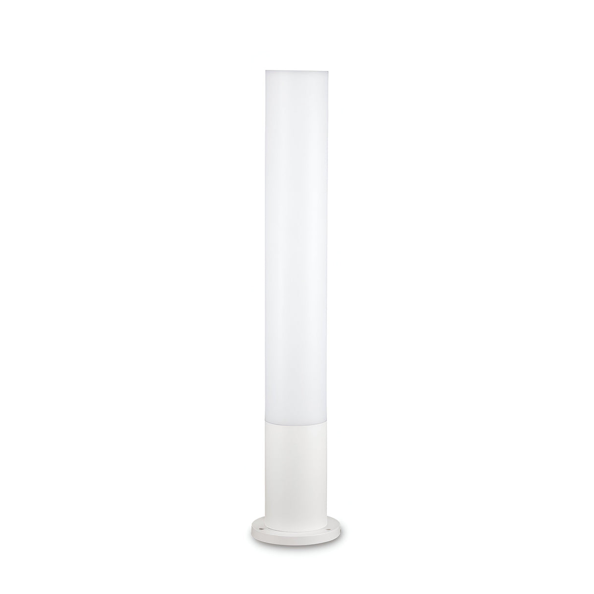 The Lumira Round Outdoor Bollard Light in White showcases a sleek, cylindrical design paired with a white shade to emit diffused lighting. It rests on a round base, featuring a minimalistic style and cast aluminum frame that complements modern interiors or outdoor lighting arrangements.