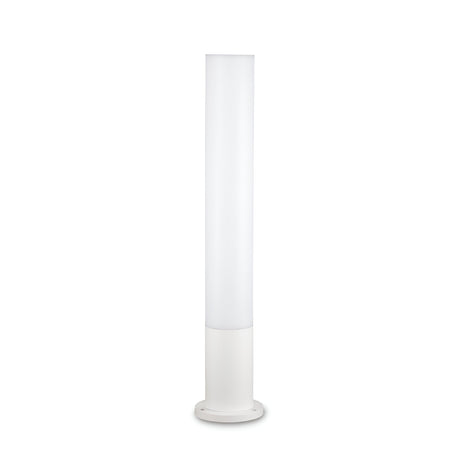 The Lumira Round Outdoor Bollard Light in White showcases a sleek, cylindrical design paired with a white shade to emit diffused lighting. It rests on a round base, featuring a minimalistic style and cast aluminum frame that complements modern interiors or outdoor lighting arrangements.