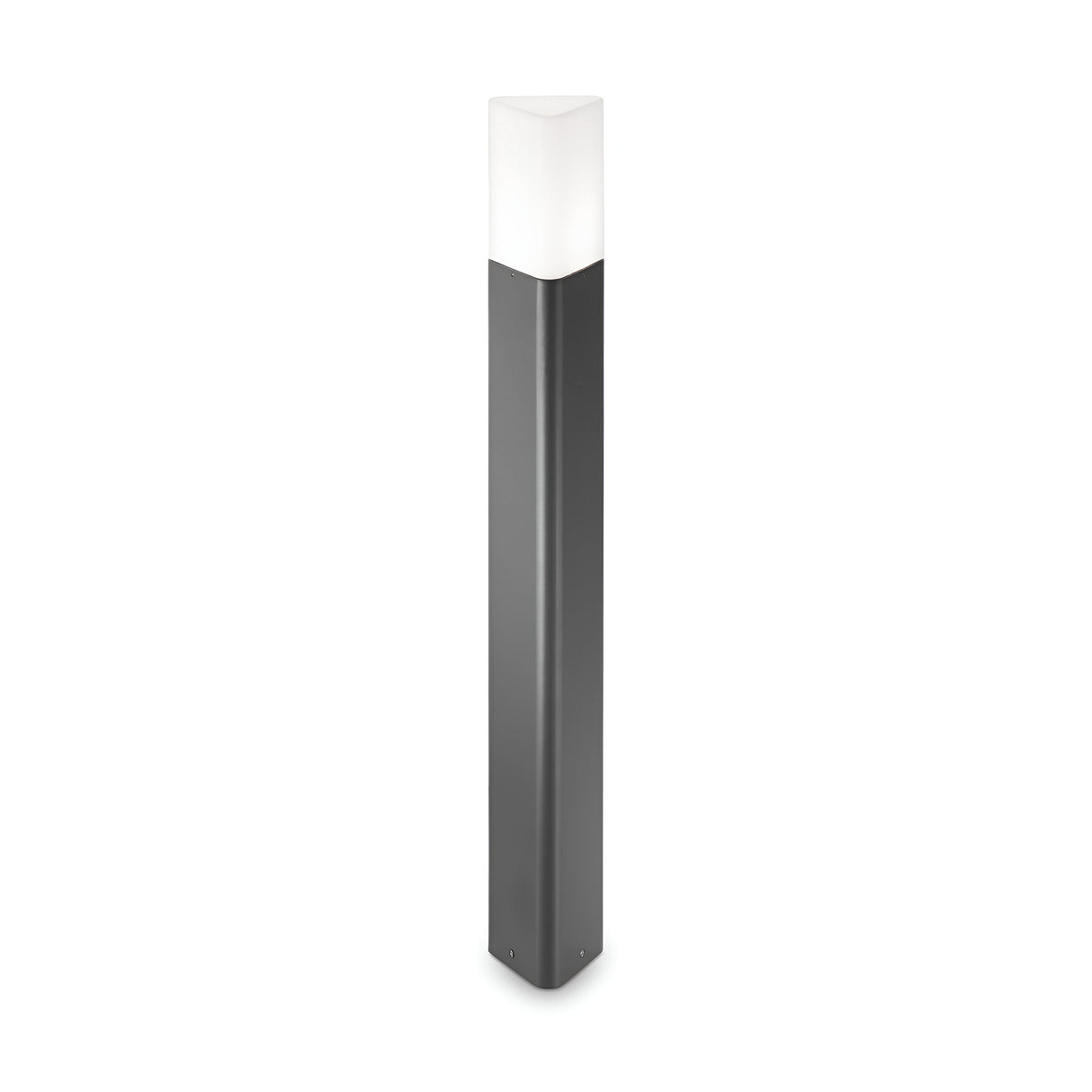 The Wave Outdoor Bollard Light - Anthracite is a contemporary lamp post designed for garden illumination, featuring a sleek rectangular shape. Its base has an anthracite finish, complemented by a white, translucent section on top for effective light diffusion. It is presented standing alone against a plain white background.