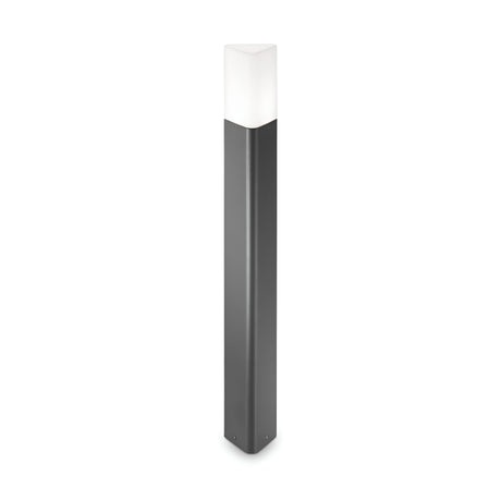The Wave Outdoor Bollard Light - Anthracite is a contemporary lamp post designed for garden illumination, featuring a sleek rectangular shape. Its base has an anthracite finish, complemented by a white, translucent section on top for effective light diffusion. It is presented standing alone against a plain white background.
