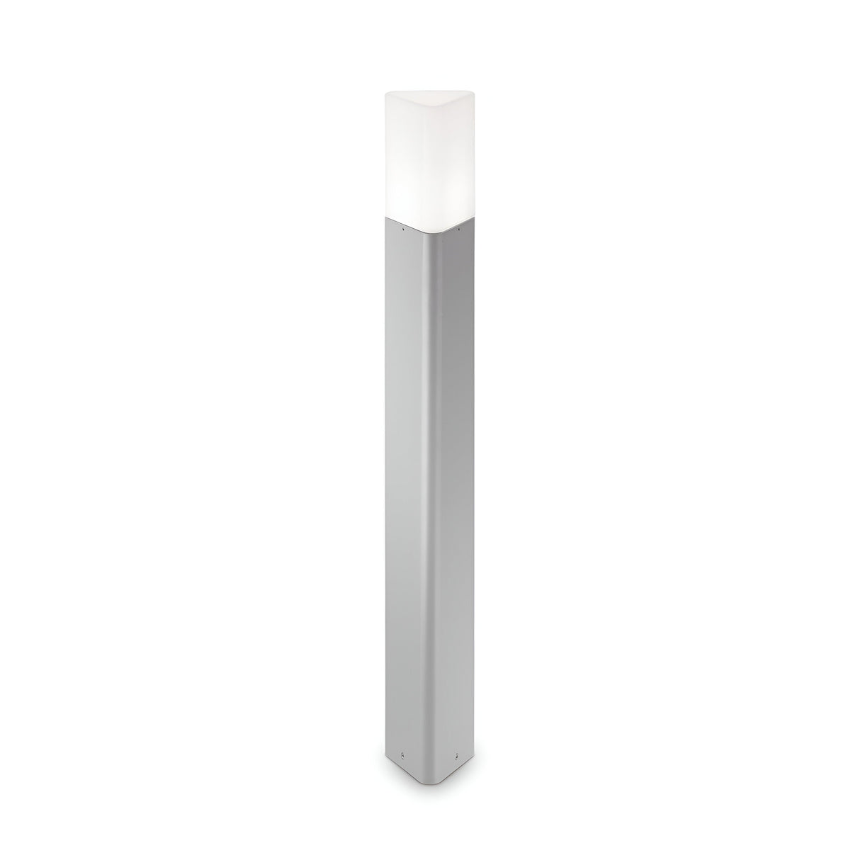 The Wave Outdoor Bollard Light - Grey boasts a sleek, rectangular design with a metallic gray finish and frosted white top, offering a durable lighting fixture and weather-resistant features.
