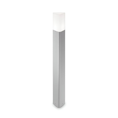 The Wave Outdoor Bollard Light - Grey boasts a sleek, rectangular design with a metallic gray finish and frosted white top, offering a durable lighting fixture and weather-resistant features.