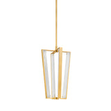 The Elvaris LED Alabaster Single Pendant Light features a brushed brass frame and soft white shade, suspended from a brass rod on a white background.