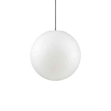 The Lucidra 1 Light Outdoor Pendant in white, measuring 40cm, showcases a minimalist spherical design with an opal plastic diffuser and hangs gracefully from a sleek black cord against a plain white backdrop.