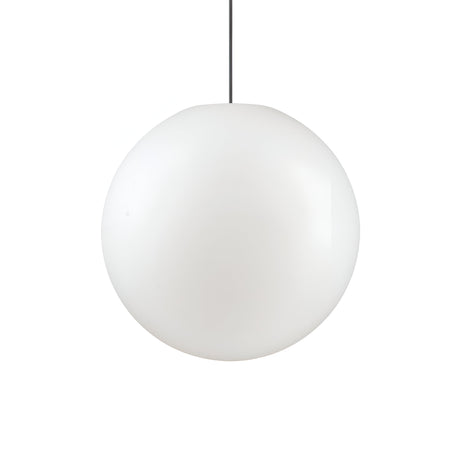 The Lucidra 1 Light Outdoor Pendant, with its minimalist design and smooth round white exterior, is elegantly suspended from a thin black cord against a plain white background.