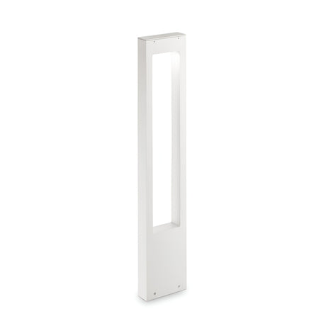 The Phasia Outdoor Pedestal Light - White is a tall, rectangular floor lamp crafted from durable aluminum for a sleek, minimalist design. Ideal for outdoor use, it features an IP44 rating and a hollow center that allows it to stand elegantly against a plain white background.