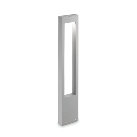 The Phasia Outdoor Pedestal Light - Grey, a modern and rectangular aluminum fixture with a hollow center and an IP44 rating, stands upright on a white background.