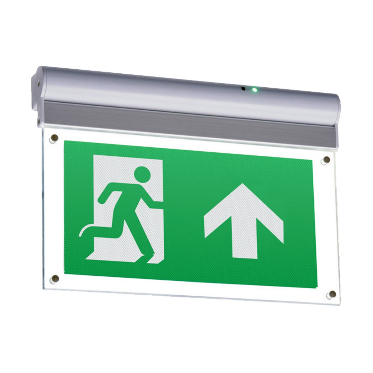 The Emergency LED Exit Sign - Wall Or Ceiling Mounted, featuring a green LED with an illustration of a person running through a door and a white arrow pointing upwards to indicate the emergency exit direction, is installed using a distinctive hanger and hinge system that supports both maintained and non-maintained use.
