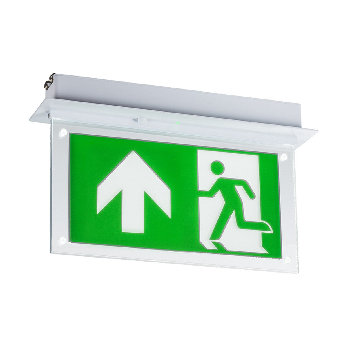 The Recessed LED Emergency Exit Sign is designed with a green background, showcasing a running figure and a white upward arrow to guide you to safety. It features LED emergency lighting and is framed by a white border, ensuring 3-hour illumination while elegantly mounted on a sleek white fixture.