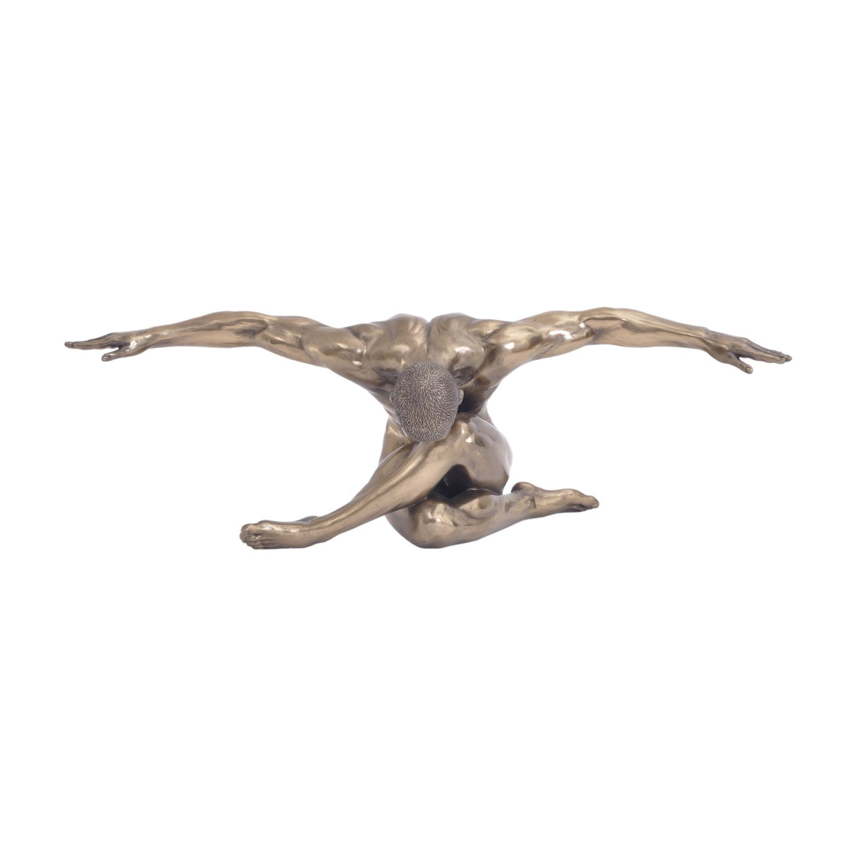 Libra Interiors Bronze Male Arms Outstretched Sculpture showing a kneeling male figure with arms extended wide, smooth bronze finish, on a white background.