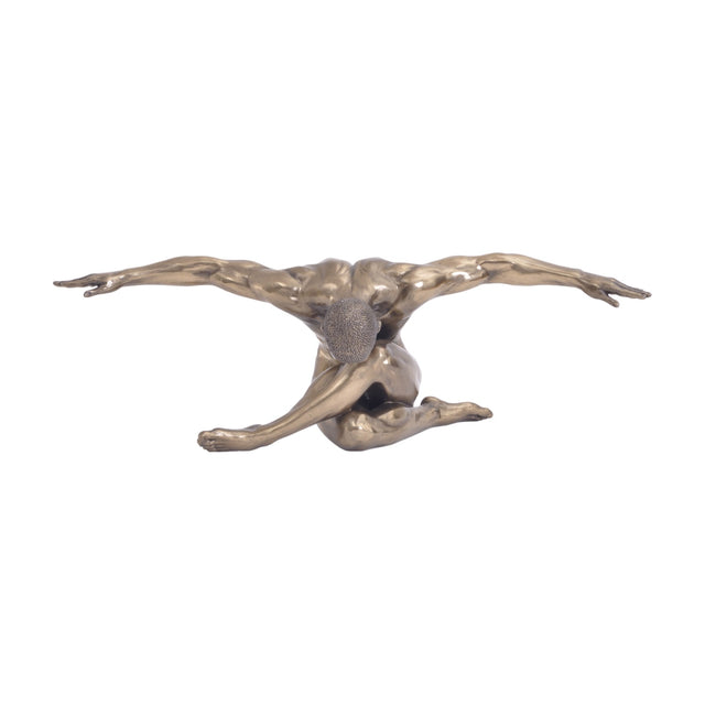 Libra Interiors Bronze Male Arms Outstretched Sculpture showing a kneeling male figure with arms extended wide, smooth bronze finish, on a white background.