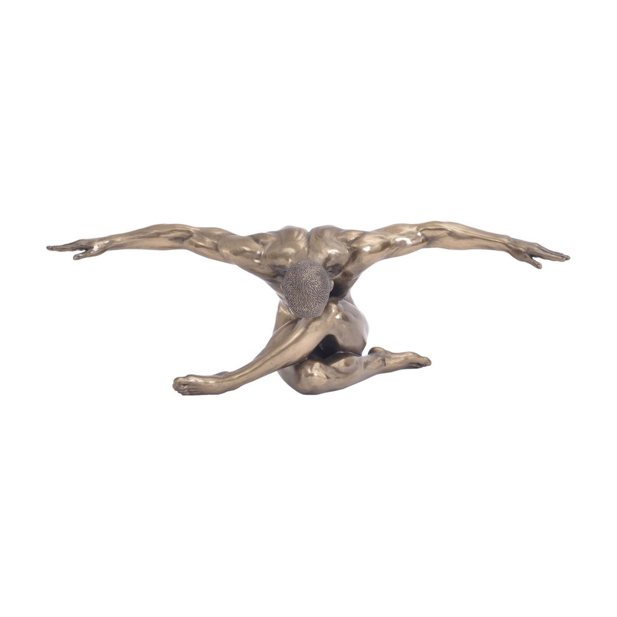Libra Interiors Bronze Male Arms Outstretched Sculpture shown from above, kneeling figure with arms spread wide in a smooth bronze finish on a white background.