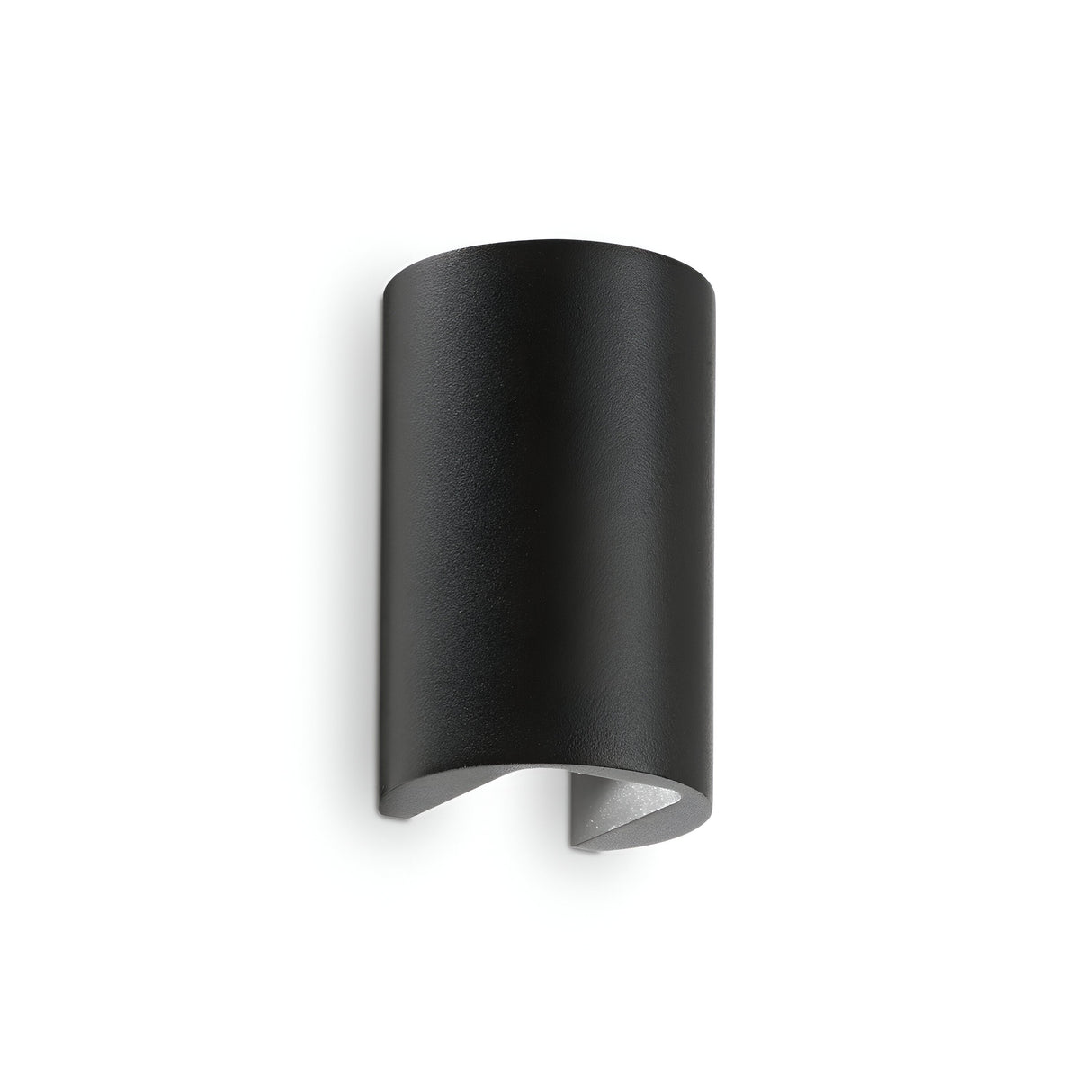 The Peak LED Outdoor Wall Light 6W 4000K - Black features a sleek, curved cylindrical design with an open bottom and is crafted from die-cast aluminium. Its minimalist style provides dual light emission, projecting light both upwards and downwards against a plain white background.