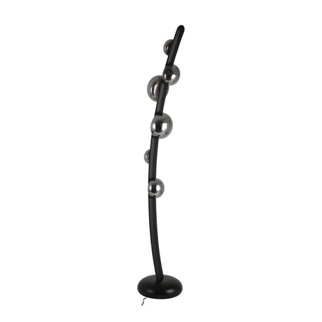 The Cordaro 6 Light Leather Floor Lamp in black features a curved stand with six round metallic fixtures on a circular base—adding modern luxury to any space.