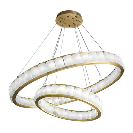 The Orion 64 Light 2 Tier Ring Alabaster Chandelier features brushed brass rings suspended by cables and lined with soft white alabaster panels, offering a modern and elegant lighting centerpiece.