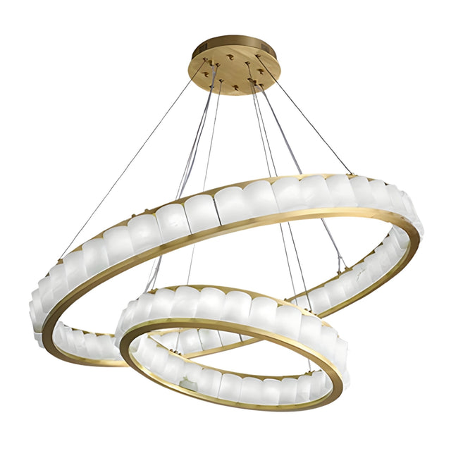 The Orion 64 Light 2 Tier Ring Alabaster Chandelier features brushed brass rings suspended by cables and lined with soft white alabaster panels, offering a modern and elegant lighting centerpiece.