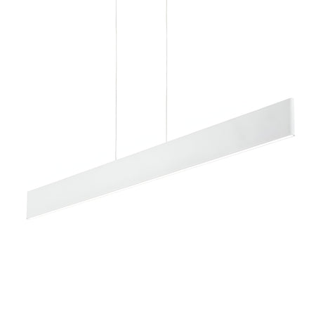 The Evoke LED Suspension Light features a minimalist, modern design with a sleek aluminum rectangular bar. This elegant piece is suspended from the ceiling by two thin wires, beautifully contrasting against a plain white background.