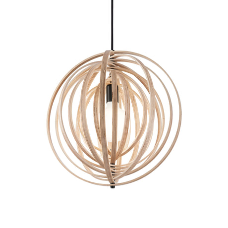 Introducing the Abstract 1 Light Wood Pendant in light brown, a sleek and contemporary design with interwoven wooden rings forming an artistic outer shell. This modern pendant light features a central bulb and is suspended from a black cord, offering dimmable lighting in a minimalist style.