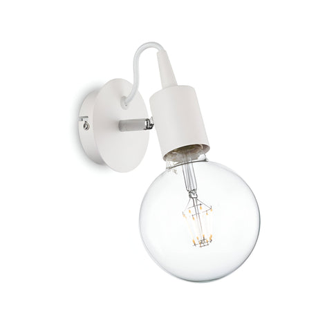 The Ice Wall Light - White offers a minimalist wall-mounted design with a white metal holder and an exposed round Edison bulb. Its visible filament adds a modern yet retro touch to the fixture, highlighting its emphasis on minimalist design elements.