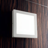 The Zephyrus Square LED Ceiling & Wall Light 3000K - White, sized at 17cm, is installed on a dark, wood-patterned wall. It features a sleek and minimalist design with an LED bulb and a color temperature of 3000K.