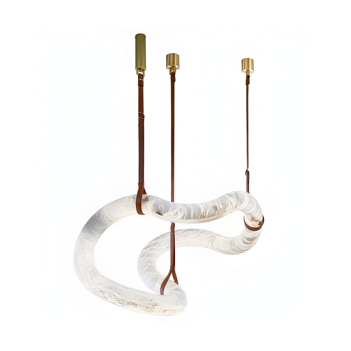 The Serava LED Medium Alabaster Asymmetric Suspension Light in Brown & Soft White showcases a twisted translucent glass tube, suspended by three brass and leather straps, set against a white background.