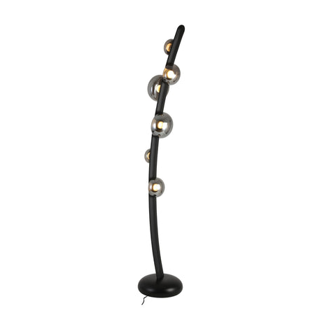 The Cordaro 6 Light Leather Floor Lamp - Black features a modern curved stand with six spherical glass covers and stands on a round base for luxury lighting.