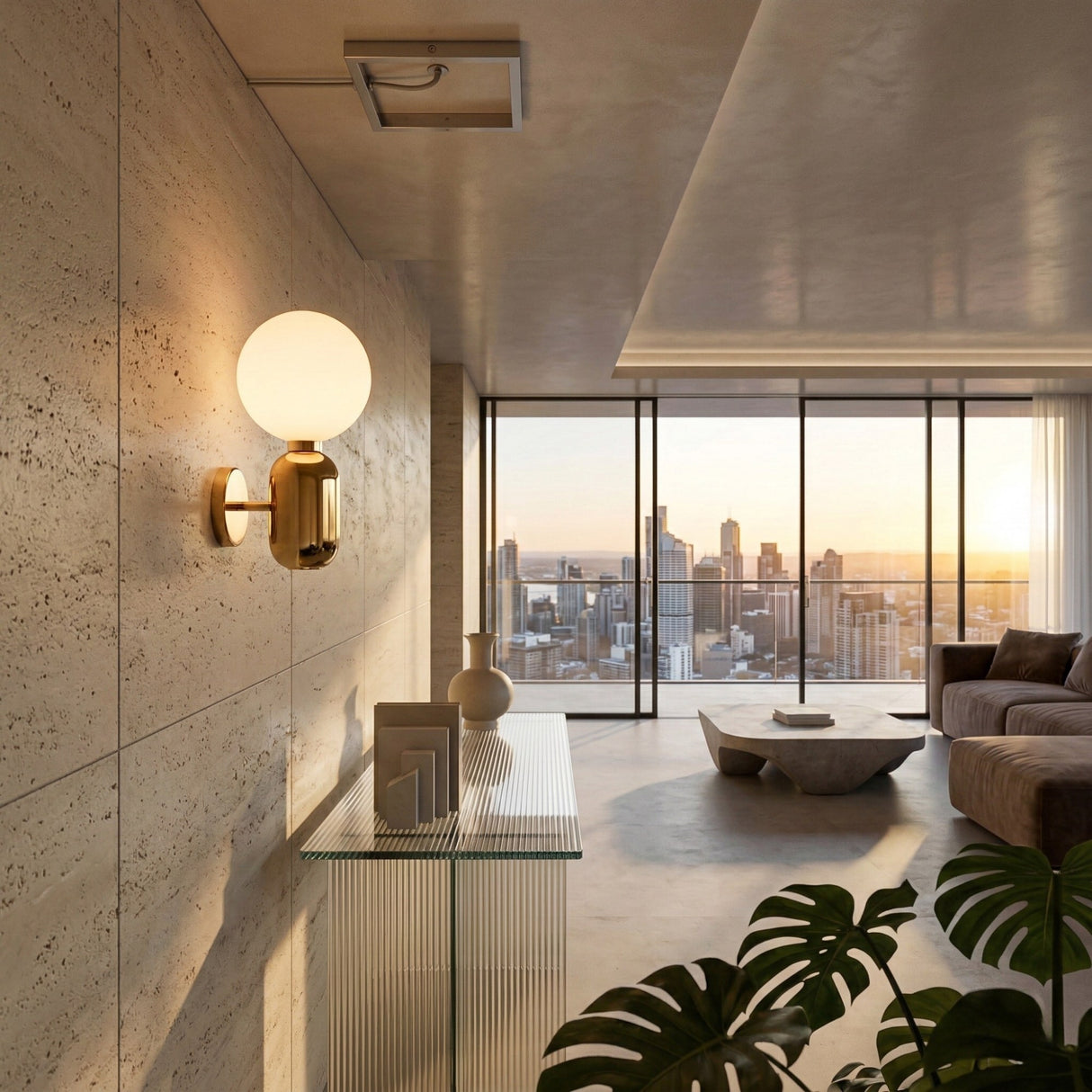 A modern living room with floor-to-ceiling windows showing a city skyline at sunset features the Pallo Wall Light - Gold with an opal glass diffuser, a glass console table, stylish furniture, and a green plant in the foreground.