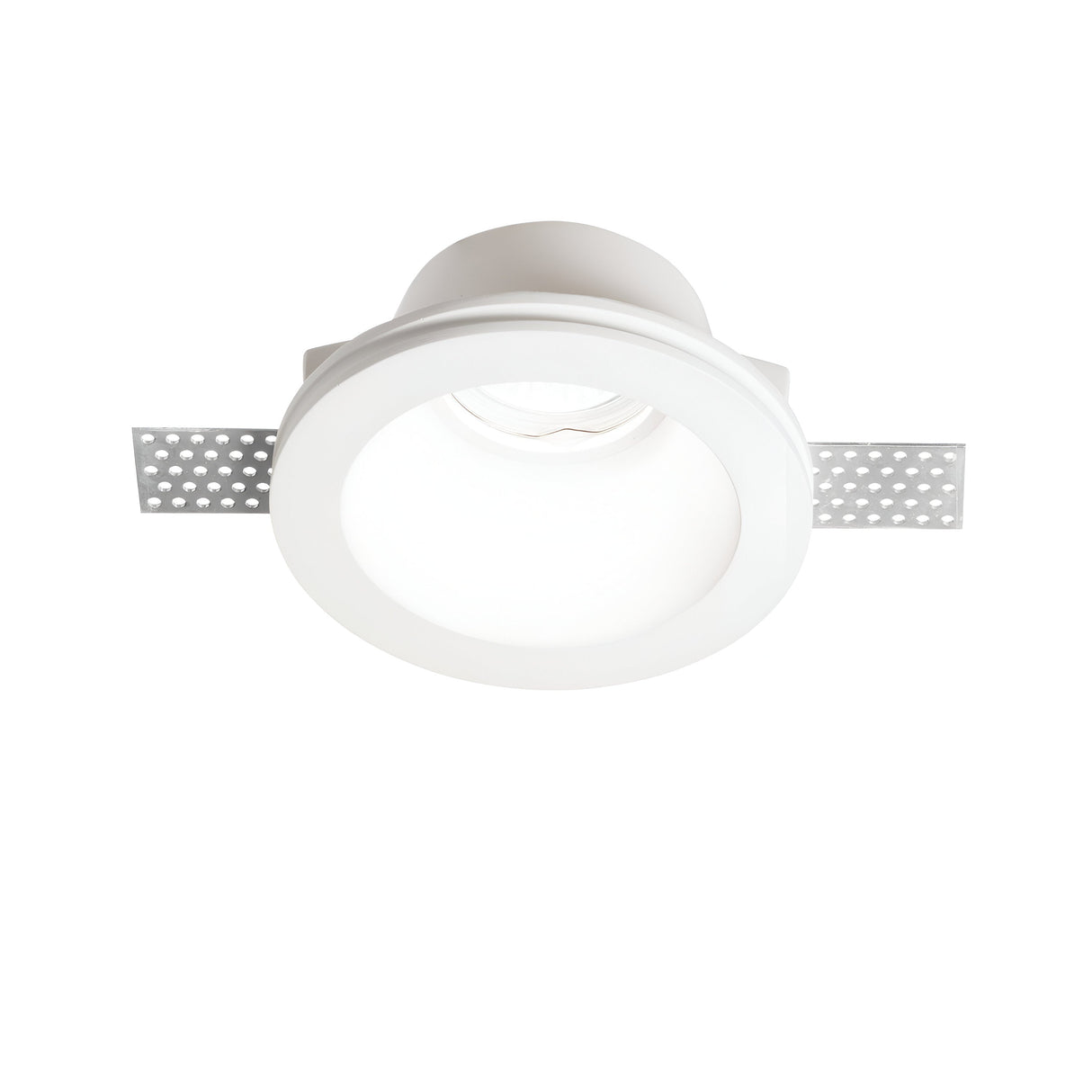 The Flairix-4 Round Recessed Downlight - White is a round fixture featuring metallic mounting brackets on each side, perfect for ceiling installations. This dimmable lighting solution provides a sleek, modern look against a plain white backdrop.