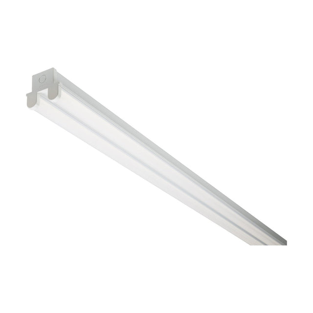 The Twin 5ft 50W LED Batten 4000K is a modern lighting fixture with a sleek design, set against a white background. It emits a cool white glow and offers contemporary elegance with its minimalist linear shape, delivering a bright output of 5250 lumens.