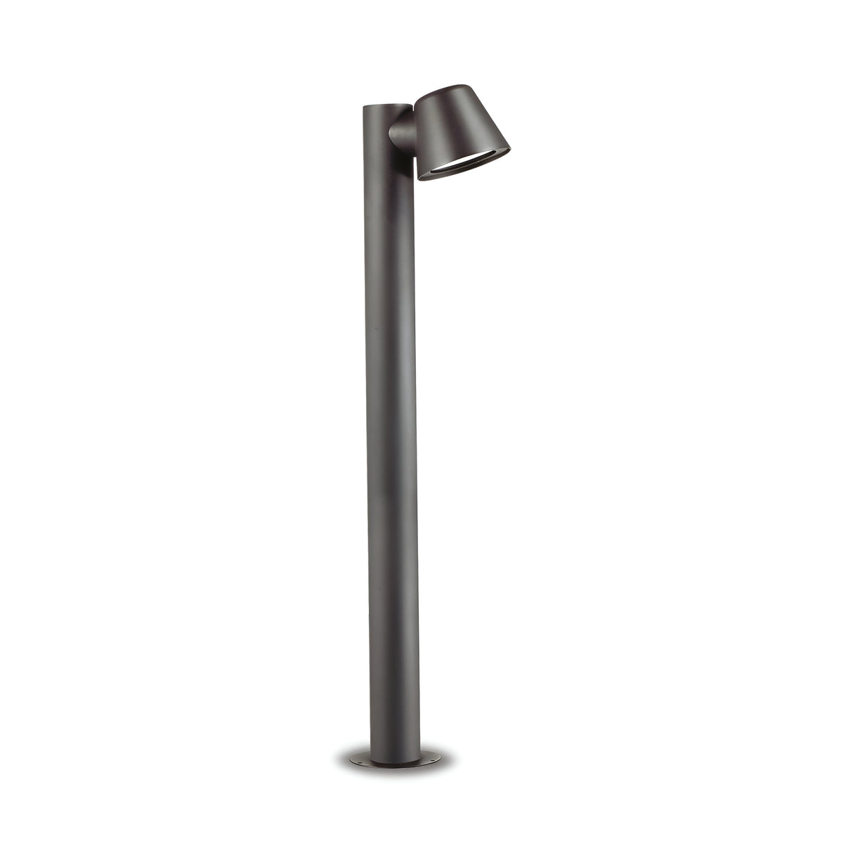 Introducing the Quasar Outdoor Bollard Light - Anthracite, a sleek and modern outdoor path light. Featuring a cylindrical black pole with an anthracite finish and an angled top light, this fixture is expertly crafted from durable aluminum to provide minimalist elegance while gracefully illuminating pathways and gardens.