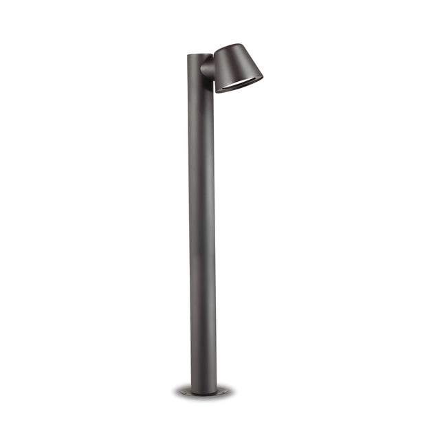 Introducing the Quasar Outdoor Bollard Light - Anthracite, a sleek and modern outdoor path light. Featuring a cylindrical black pole with an anthracite finish and an angled top light, this fixture is expertly crafted from durable aluminum to provide minimalist elegance while gracefully illuminating pathways and gardens.