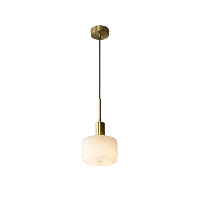 The Nerix 1 Light Small Drum Alabaster Single Pendant Light features a soft white alabaster shade and brushed brass fixture, suspended from the ceiling with a black cord, set against a white background.